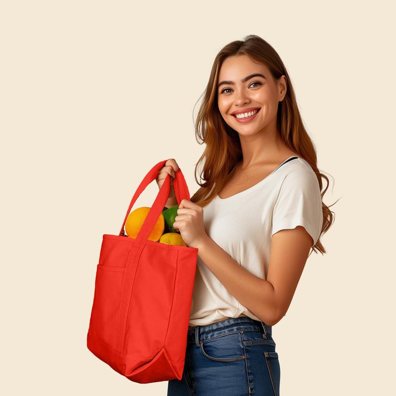 DALIX 20" Solid Color Cotton Canvas Shopping Tote Bag in Red - Image 4